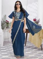 Shimmer Georgette Blue Party Wear Embroidery Work Ready To Wear Saree